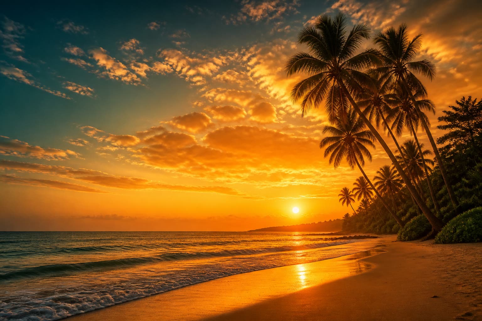 A tranquil sunset over a tropical beach in Murudeshwar, with silhouetted palm trees leaning over a sandy shore, gentle waves, and a golden-orange sky